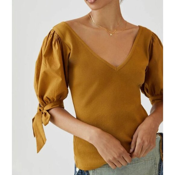 Maeve Anthropologie Puff-Sleeved Blouse Top Ribbed Tie Cuff Gold S NWT 283434 - Picture 1 of 7